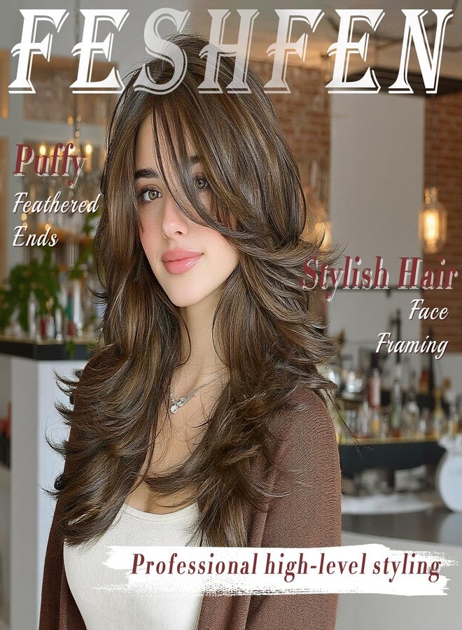 فيشبن شعر مستعار بني فاتح مموج متعدد الطبقات مع غرة جانبية للنساء، طوله 22 بوصة، مصنوع من شعر صناعي طبيعي المظهر مع فرق في المنتصف، مناسب للحفلات التنكرية والاستخدام اليومي - Image 5